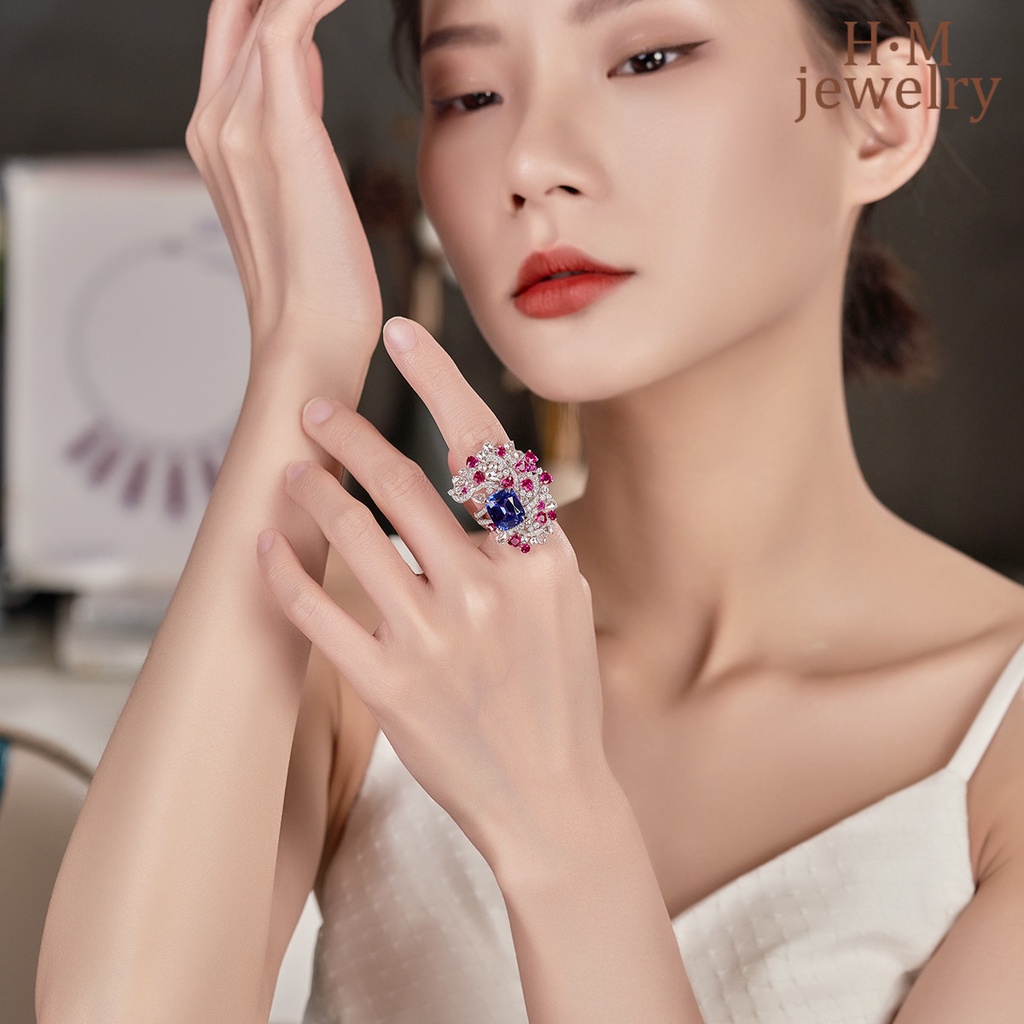 Cincin Model Terbuka Bentuk Bunga Hati Aksen Berlian Tanzanite