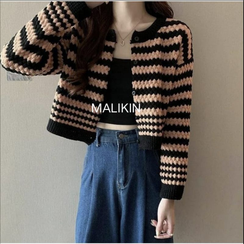 MALIKIN CARDIGAN NANAS STRIPE CROP TOP / CROP TOP CARDIGAN KOREA STYLE / CARDIGAN WANITA RAJUT