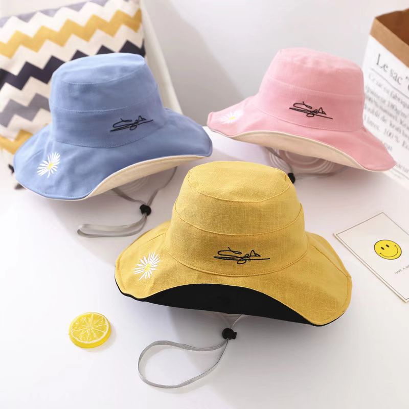 (Hello Girl)MZ17 Topi Wanita Bucket Topi Pantai Bunga Daisy 2 Warna Luar/Dalam Import