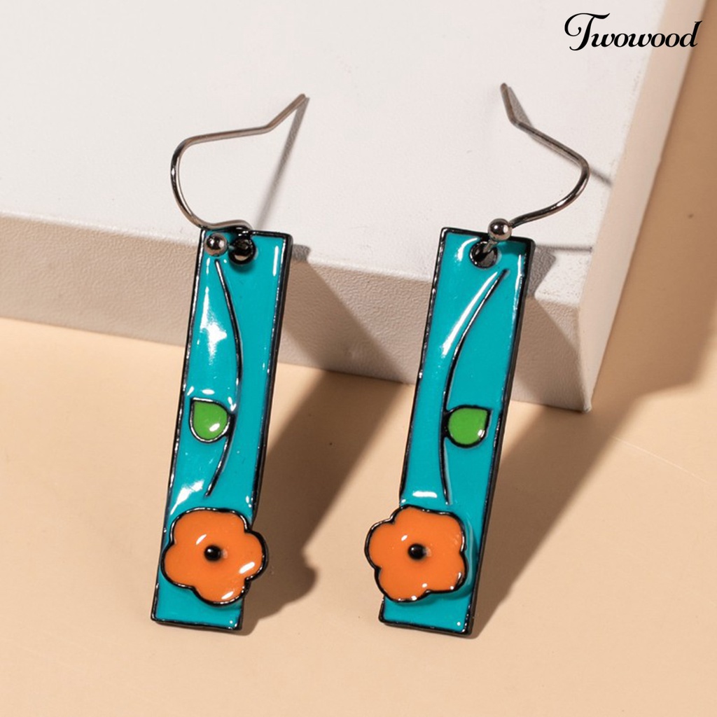 Twowood 1 Pair Women Earrings Painted Flower Jewelry All Match Rectangle Long Hook Earrings for Dating