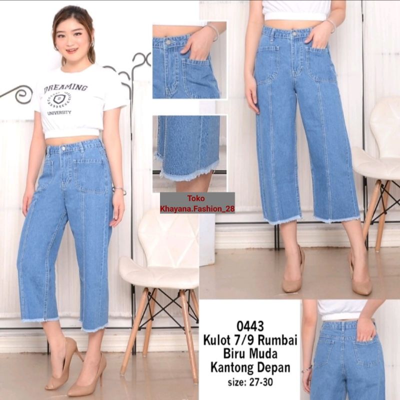 Celana jeans Kulot 7/9 Kantong Depan Rumbai Celana jeans wanita denim