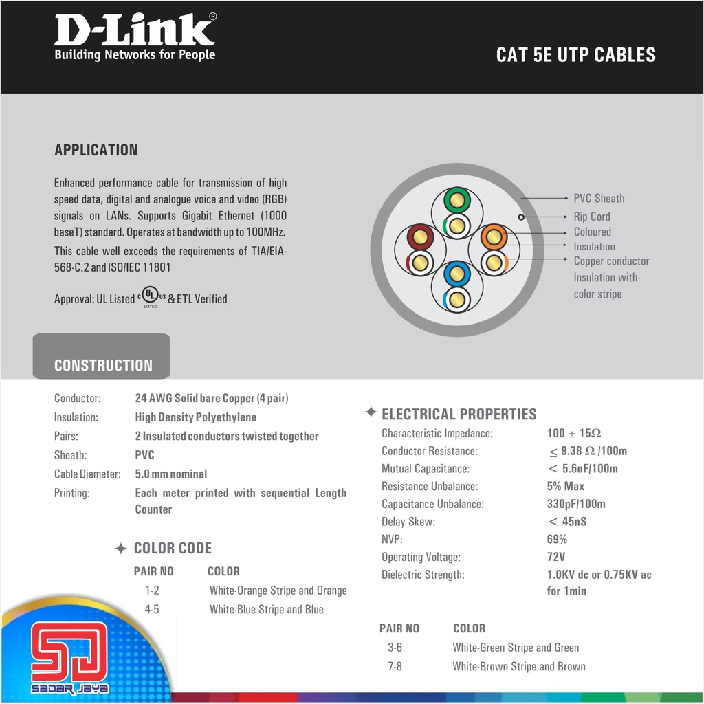 D-Link Solid Kabel UTP CAT 5e LAN Jaringan Internet Roll 305meter