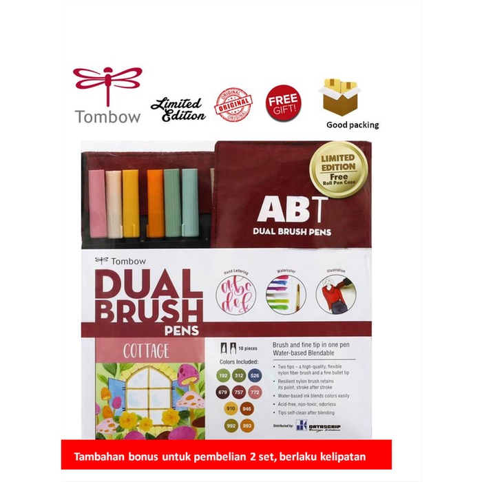 

kaligrafi-perlengkapan- tombow dual brush pen abt, cottage, set 10, free case -perlengkapan-