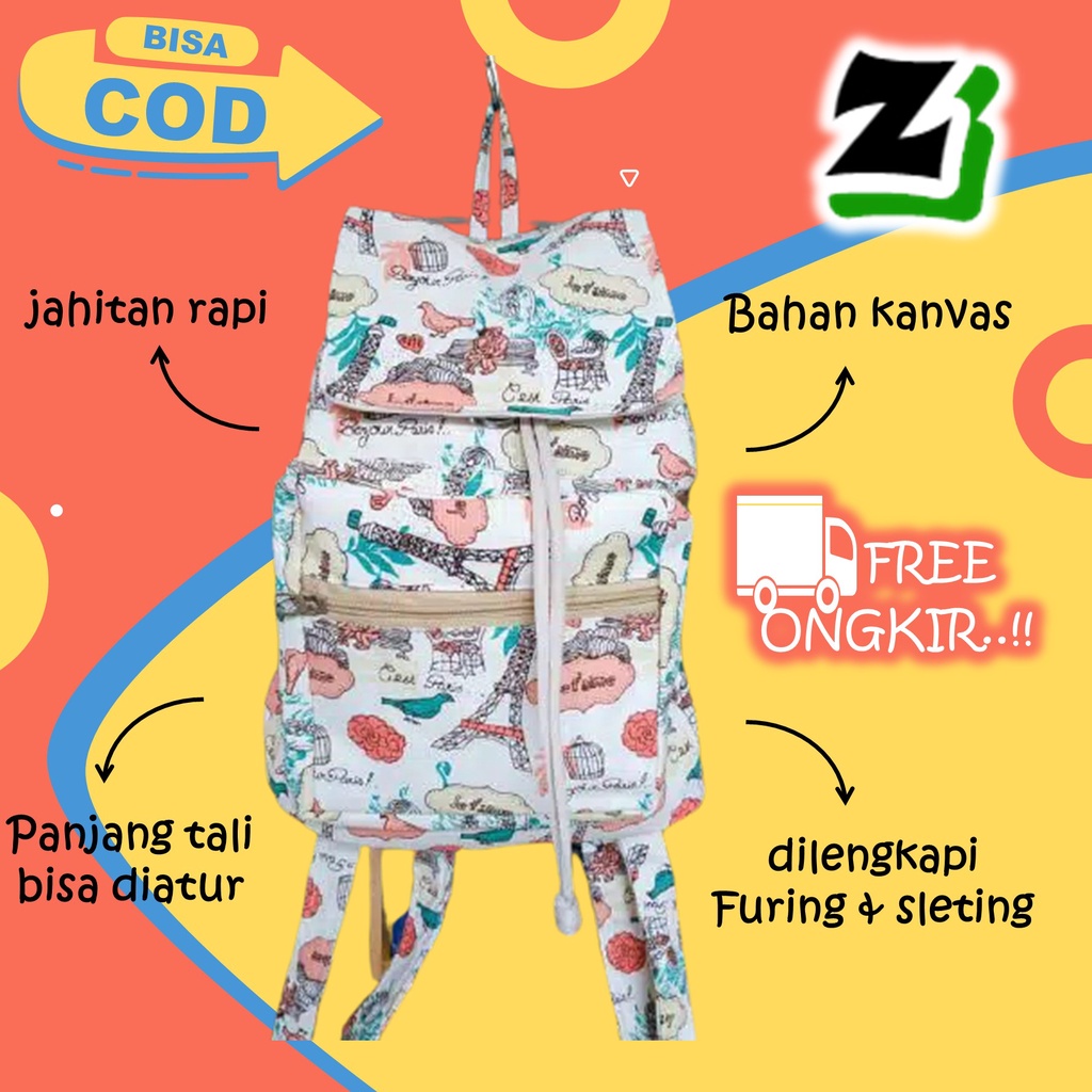 Tas ransel wanita cewek Perempuan Cewe remaja Sekolah kuliah kerja kanvas kekinian serut murah A6-paris toska