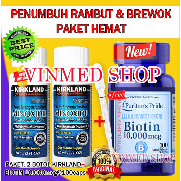 Kirkland Minoxidil 5%(2 Botol)+Biotin 10.000mcg(100 Caps)Paket Irit