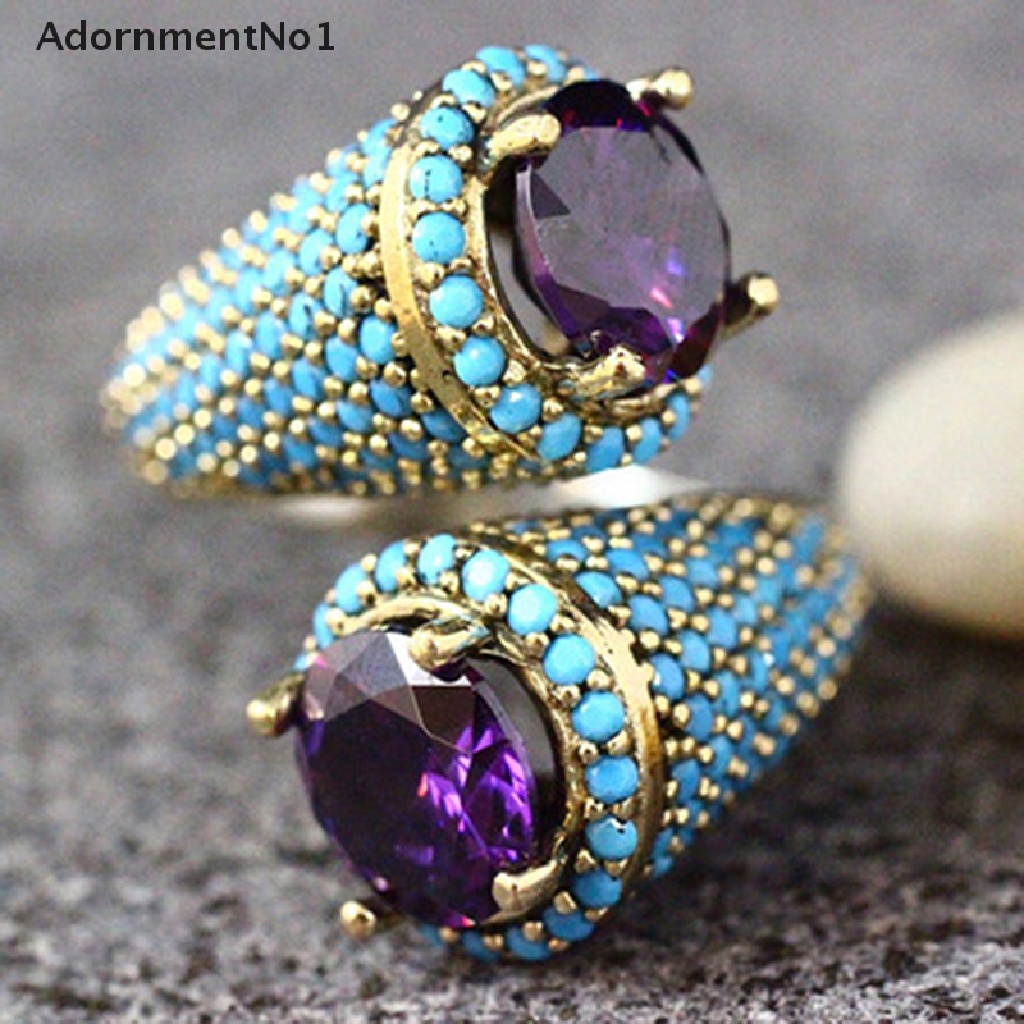 (AdornmentNo1) Cincin Terbuka Gaya Retro Aksen Batu Turquoise + Zircon Ungu Untuk Perhiasan Wanita