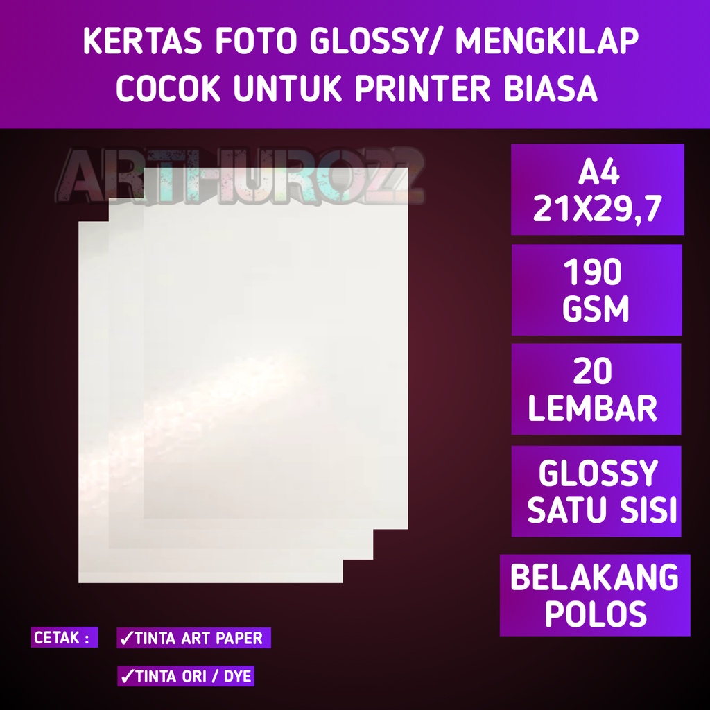 

Kertas foto Glossy 190 gsm A4 isi 20 lembar/Glossy photo paper single side 190 gram