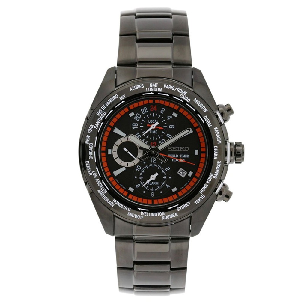 Seiko World Time Jam Tangan Pria - Hitam Merah - Stainless Steel- SPL037