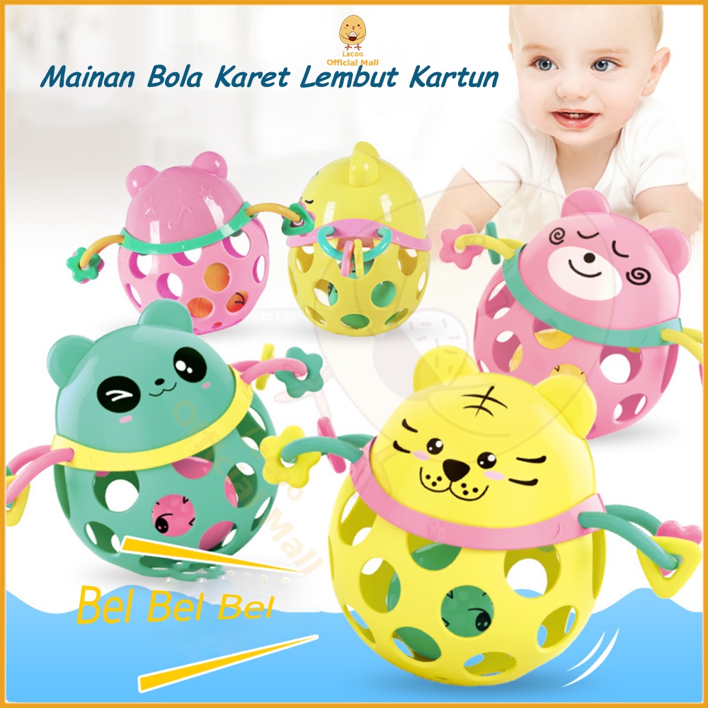 Lacoo Mainan rattle bayi kartun mainan bola anak karet lembut