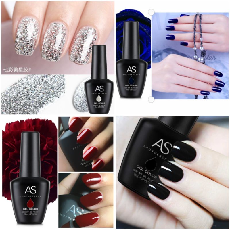 AS Seri Warna Redwine,Black,Blue,Glitter Silver Nail Gel Polish 15ml/Kutek Gel