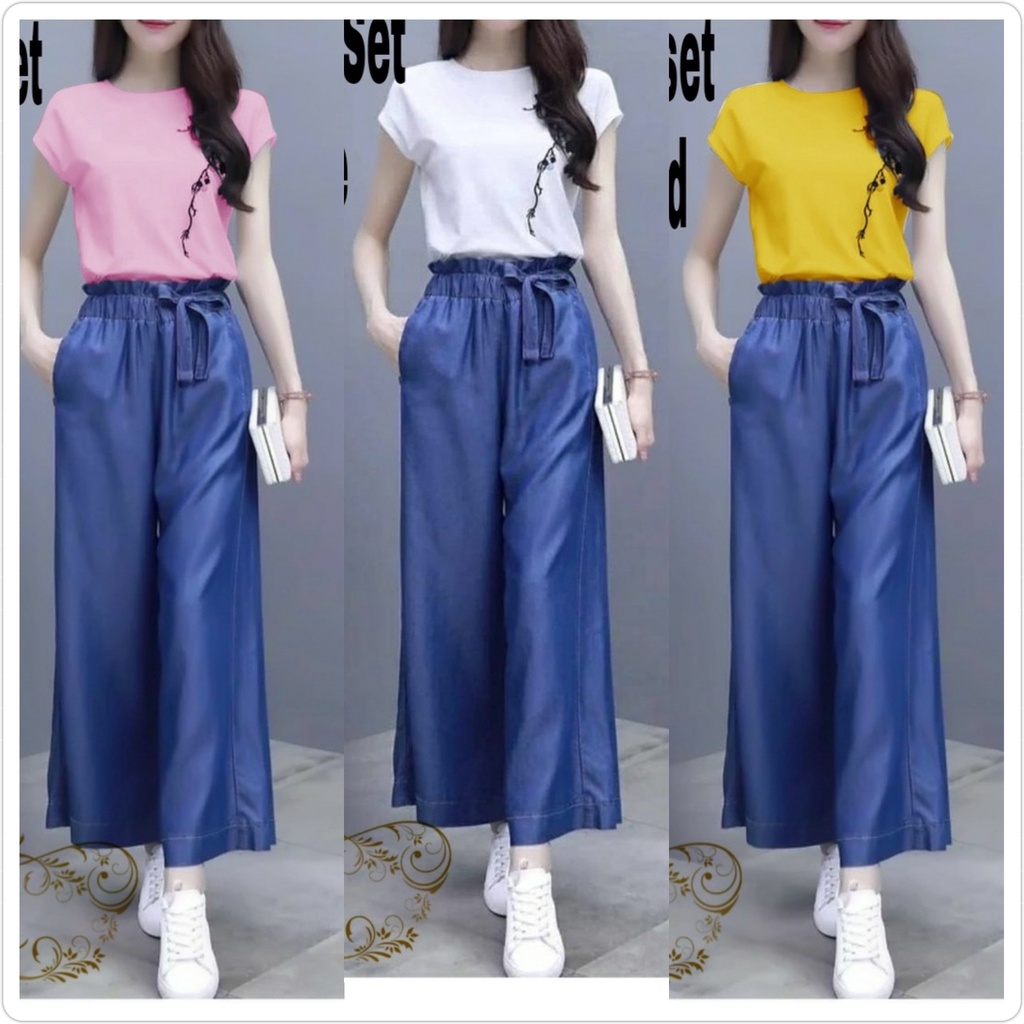 Set Lemora / Setelan wanita Korea terbaru / Setelan OOTD / BAJU SET KULOT DENIM WANITA KEKINIAN FD