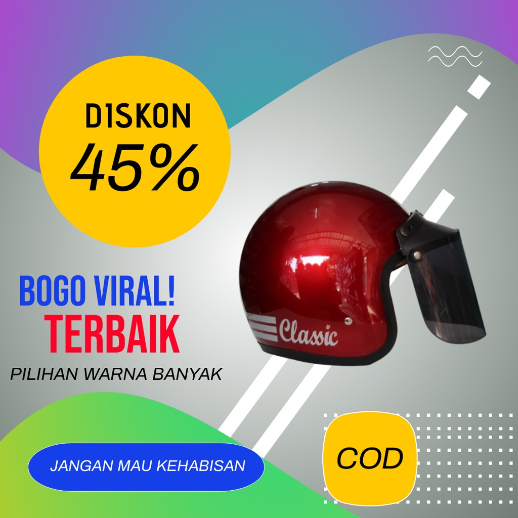 HELM BOGO CLASSIC STRIP KACA DATAR CEWE COWO DEWASA SNI RETRO POLOS ORIGINAL - LIS HITAM
