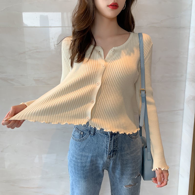 Korean style Sweater wanita rajut Baju atasan wanita lengan panjang Cardigan crop