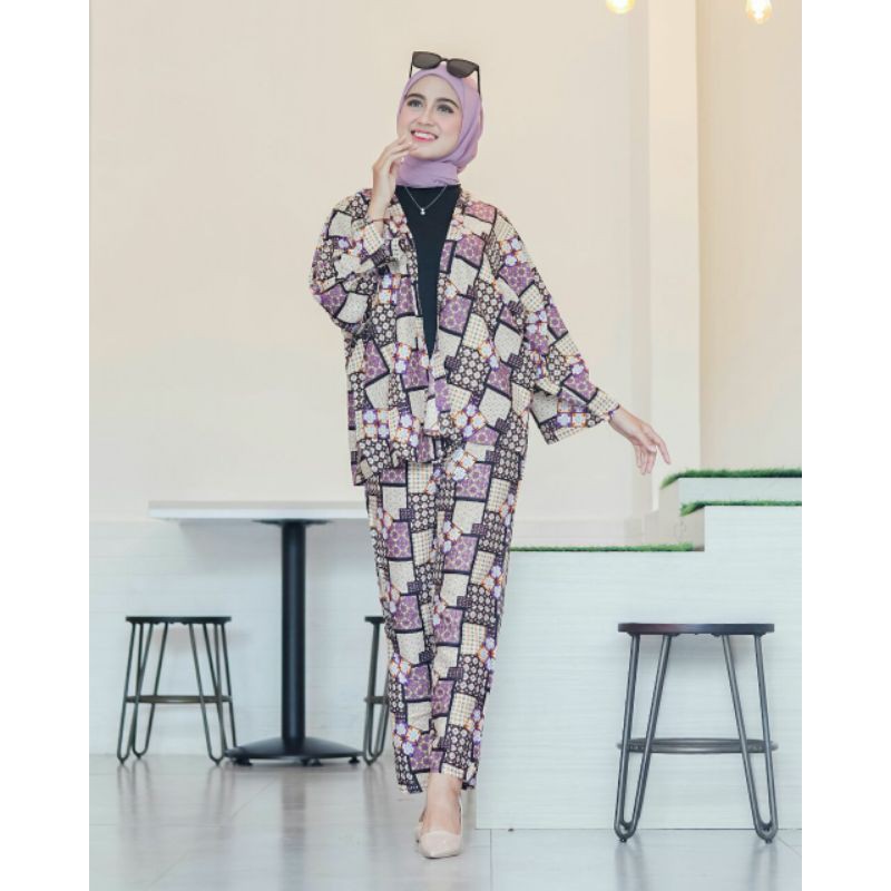 OUTER BATIK KIMONO FULL SET CARDIGAN &amp; CELANA PANJANG CANTIK