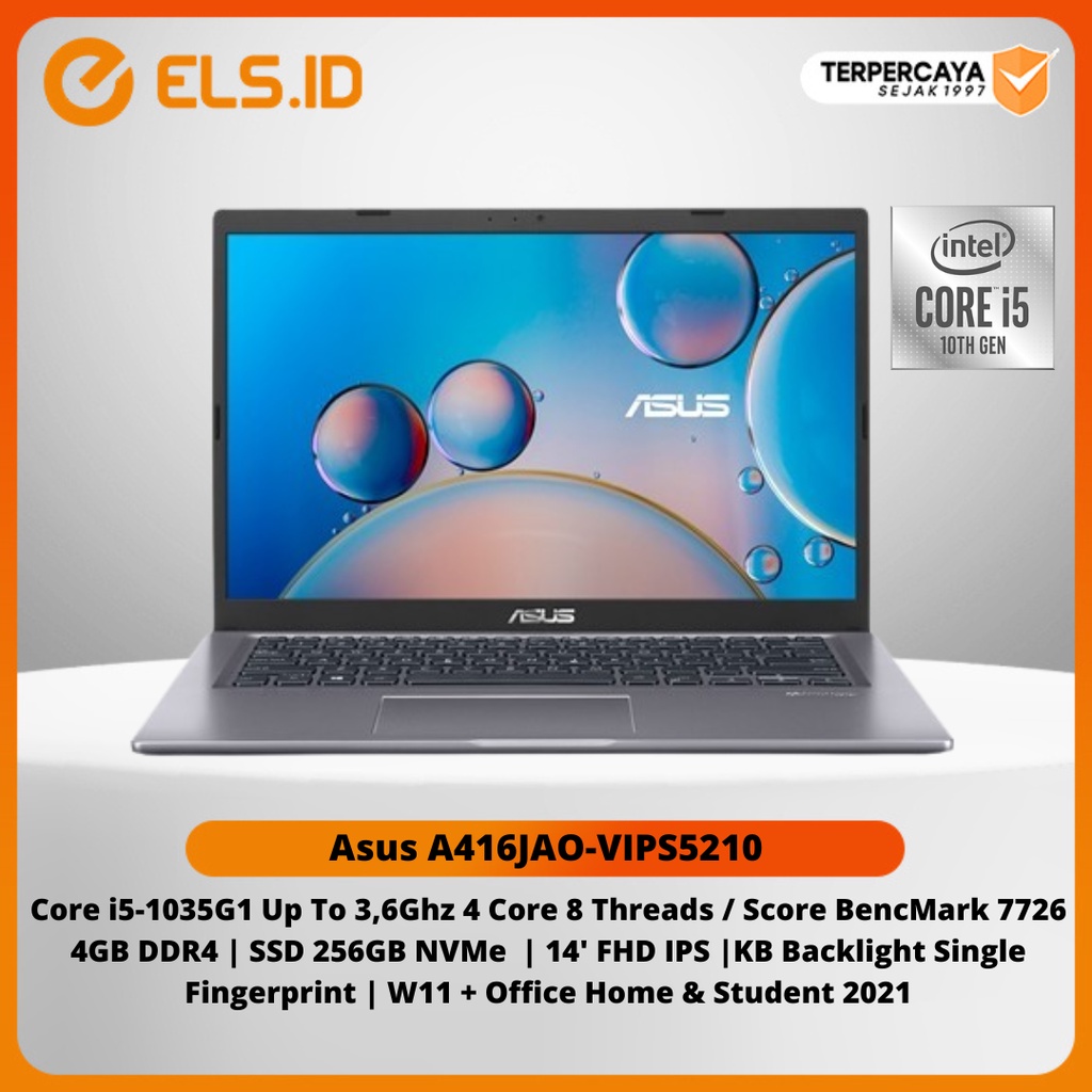 Laptop Asus A416JAO-VIPS5210 Intel Core i5-1035G1 4GB 256GB 14' FHD IPS W11 OHS