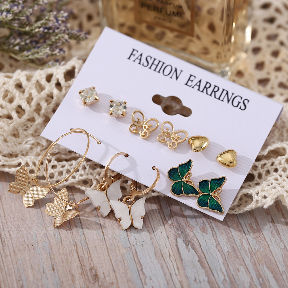 YEEZII 12pcs / Set Anting Bentuk Kupu-Kupu Bahan Akrilik Aksen Kristal Gaya Retro Untuk Wanita