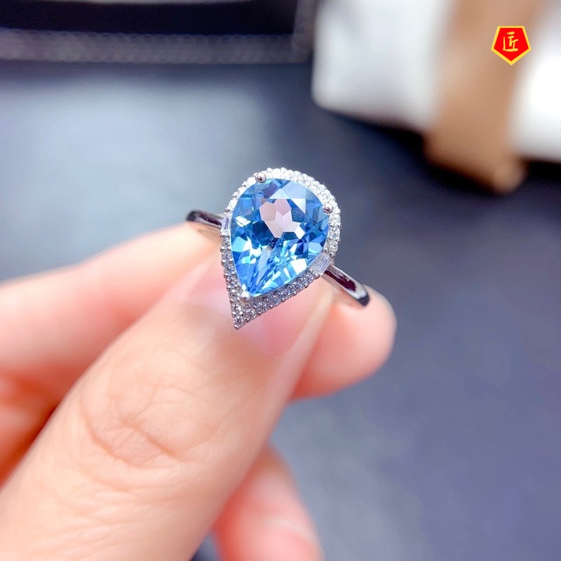 [Ready Stock]Natural Blue Topaz Necklace Set Rings Ear Studies