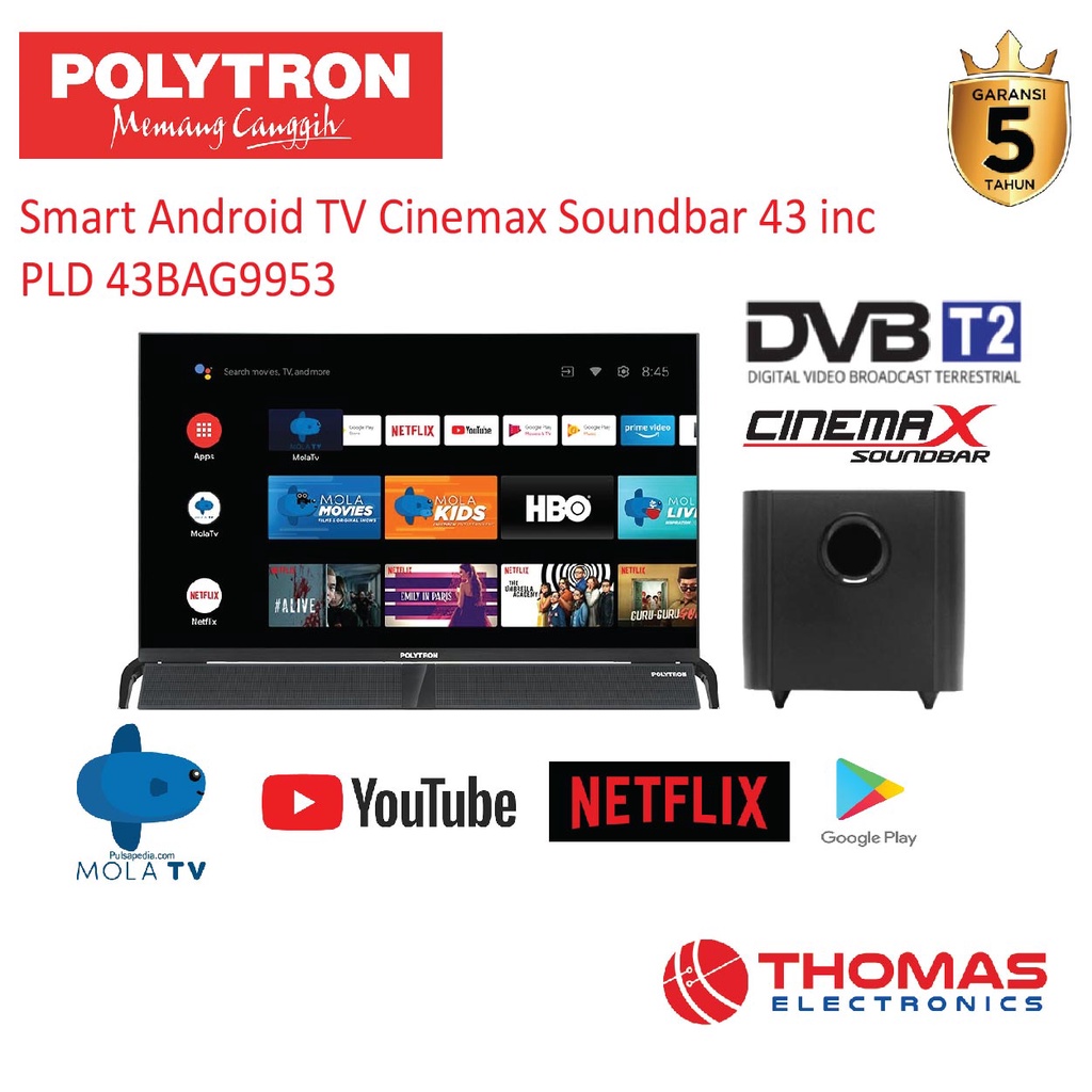 POLYTRON Smart Android TV PLD 43 BAG 9953 Cinemax Soundbar 43 inch PLD 43BAG9953 GARANSI RESMI