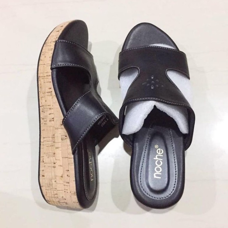 Crazysale❣️ NOCHE ORIGINAL CAKEP MURAH BLACK WEDGES SEPATU SENDAL CASUAL KERJA PESTA HITAM WANITA PE