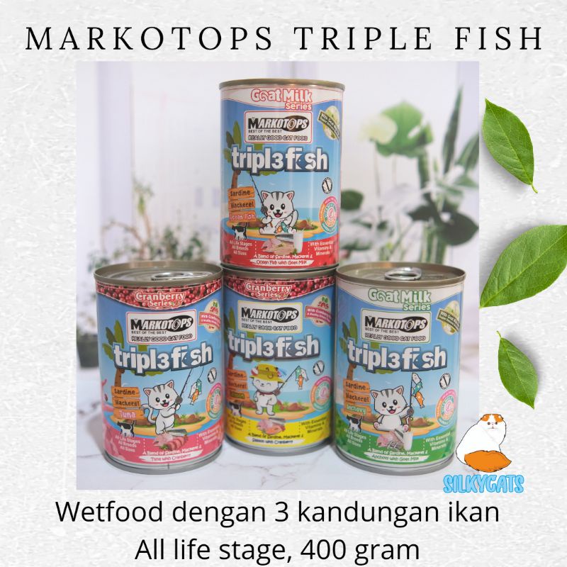 markotops wetfood kaleng triple fish 400gram all life stage. makanan basah kucing markotop