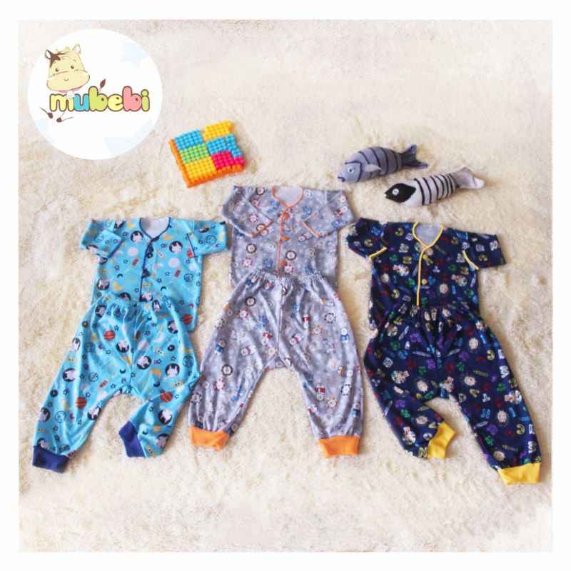 3 PCS SETELAN MUBEBI PANJANG BAYI NEWBORN KANCING DEPAN PIYAMA BAJU TIDUR  buat baby 0-3 m