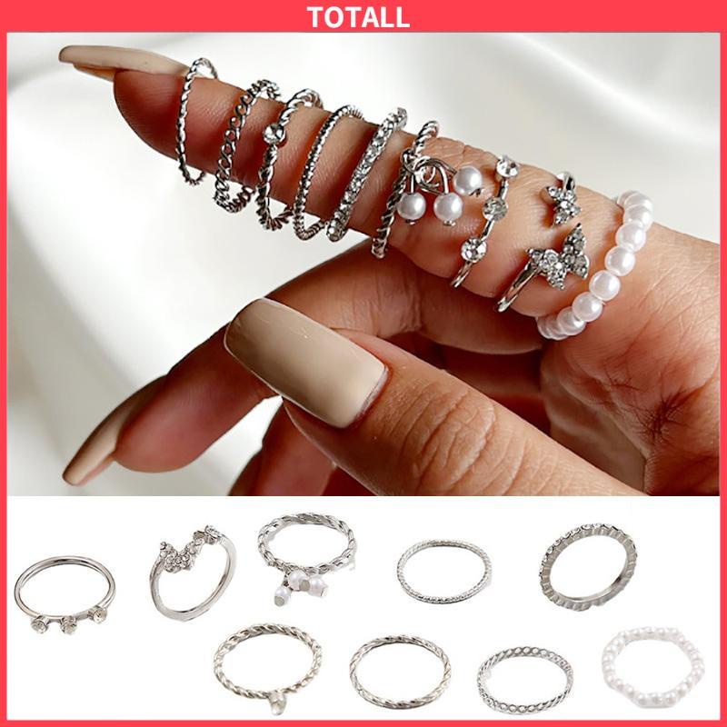 COD 9 PCS Wanita Tipis Berongga Mutiara Kristal Kupu-kupu Berlian Premium Knuckle Ring Set-Totall