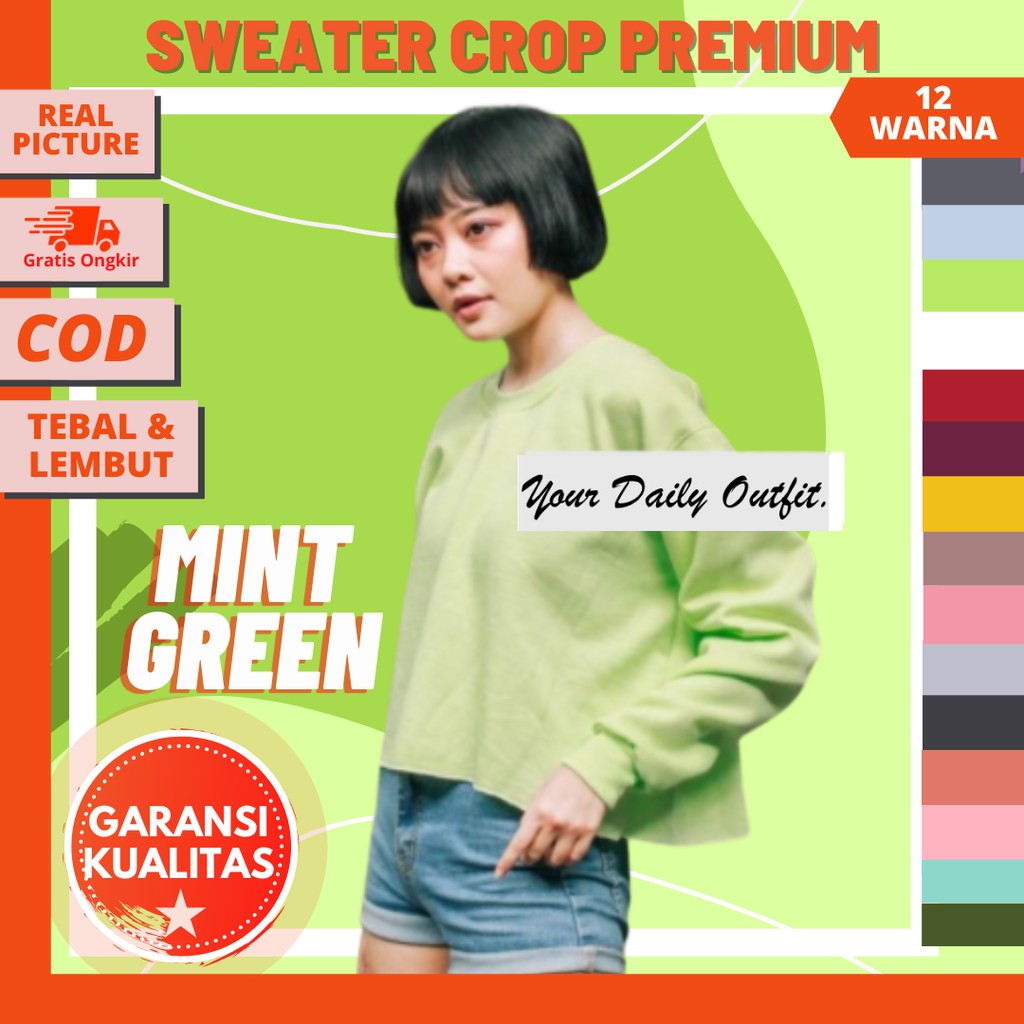 CROP SWEATER POLOS MINT GREEN HIJAU MINT WOMEN PREMIUM ALL SIZE FIT L & BIG SIZE / SWEATER CROP