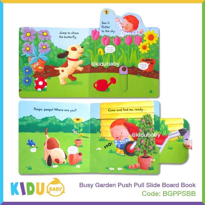 Buku Cerita Anak atau Buku Cerita Bayi Busy Garden Push Pull Slide Board Book Kidu Baby