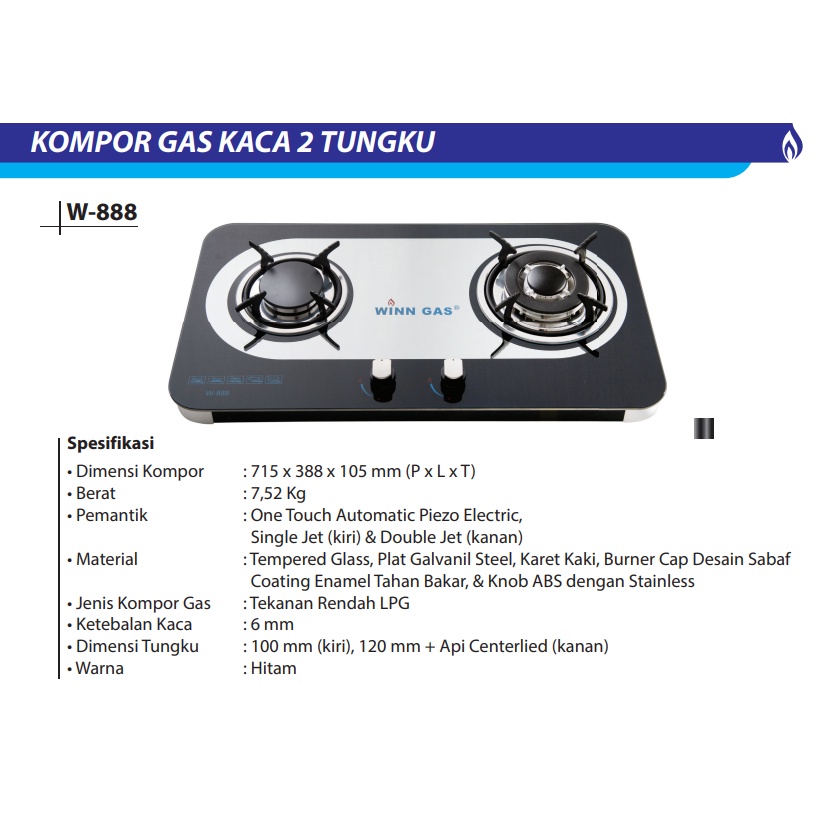 Winn Gas Kompor Gas Kaca W-888 Kompor 2 Tungku Winn Gas W888