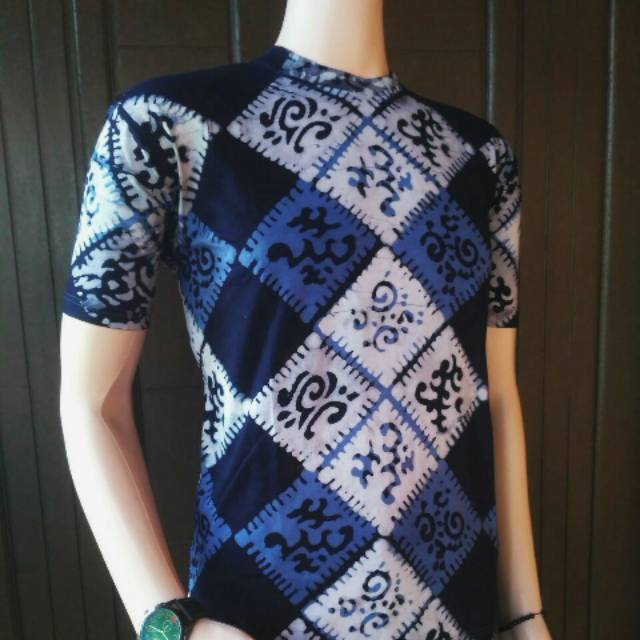 Kaos Batik Cap Motif Kotak Biru / Kaos Batik Pekalongan