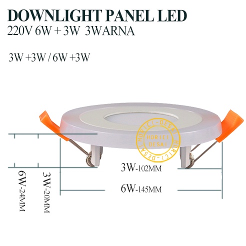 ASLI FULL 2 WARNA 6W+3W DOWNLIGHT TENGAH PUTIH+SAMPING BIRU PINK KUNING/BULAT HIAS DOWNLIGHT PANEL LED