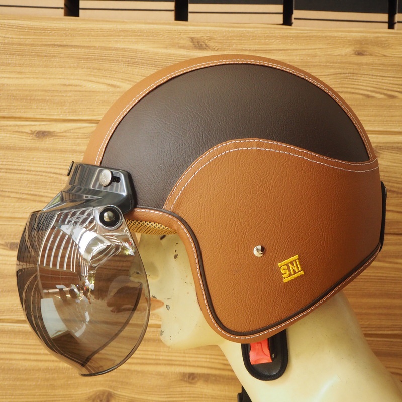 HELM BOGO CLASSIC SNI DEWASA PRIA DAN WANITA HELMET BOGGO RETRO KLASIK KULIT SINTETIS WARNA COKLAT M