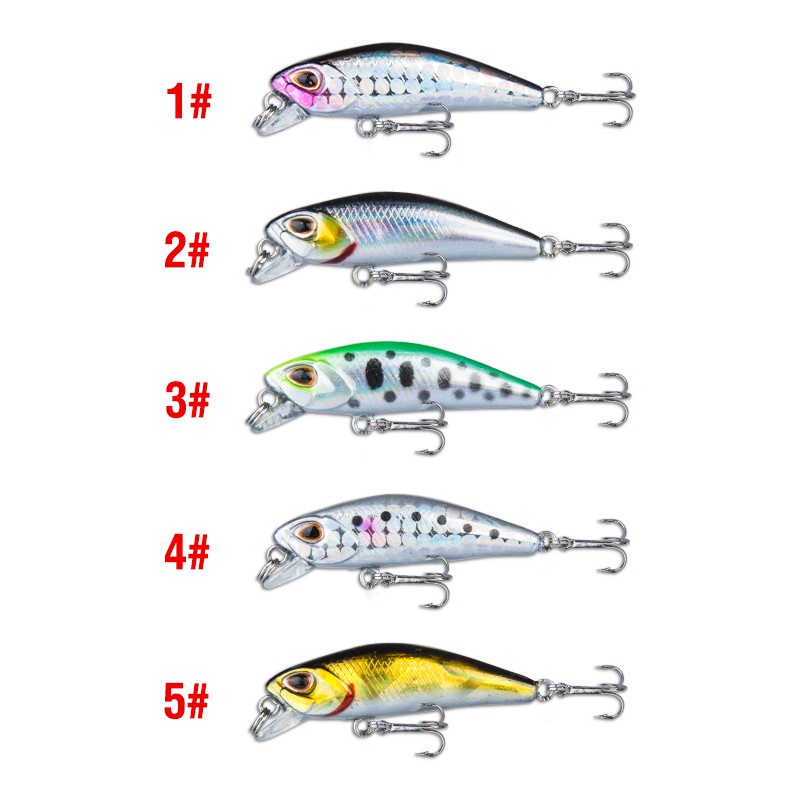 5pcs Umpan Pancing Ikan Minnow Mata 3d 5 Warna 3.5g / 4.5cm Bahan Metal Dengan Kail Treble 2