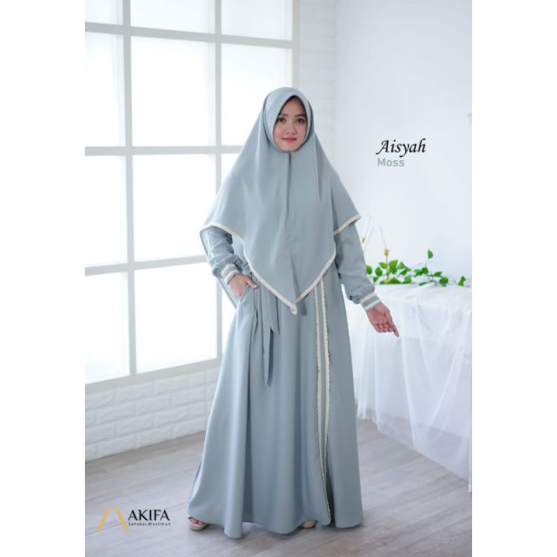 Aisyah GAMIS SYARI SET KHIMAR JUMBO INSTAN POLOS RENDA BARBIECREPE PREMIUM Original AKIFA HIJAB