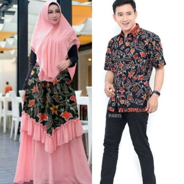 Couple gamis syari batik sarimbit plus khimar pink