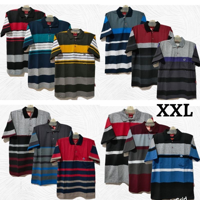 Kaos Kerah Pria Dewasa Saku Motif Salur Lengan Pendek uk XXL