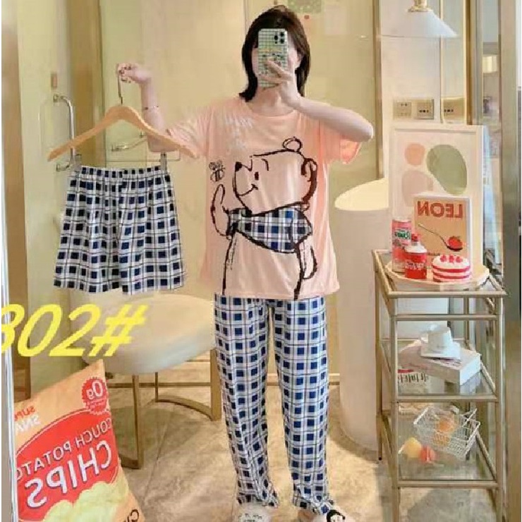 AJW Shop Piyama 3 in 1 | Piyama Lengan Pendek | Baju Tidur Impor | Baju Tidur 3in1-PooBee Pink