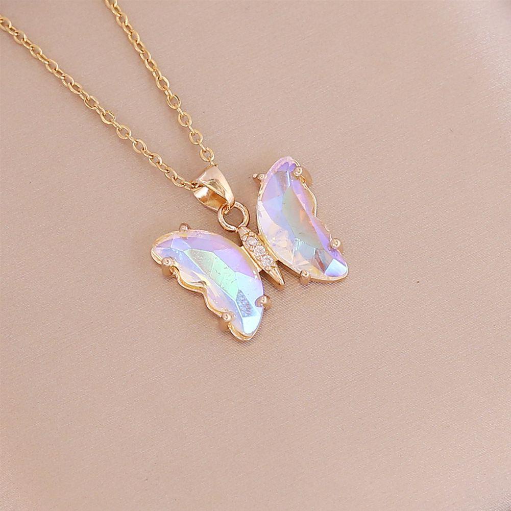 R-flower Gradient Butterfly Necklace New Fashion Pesta Klavikula Chokers Wanita Gadis Kupu-Kupu Kristal Warna-Warni