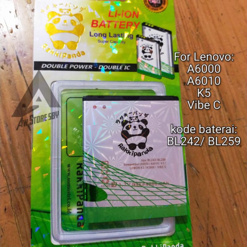 Baterai Lenovo A6000/ A6010/ A6020/ Vibe c/ K5/ BL242/BL259 Double power [Rakki-Panda]