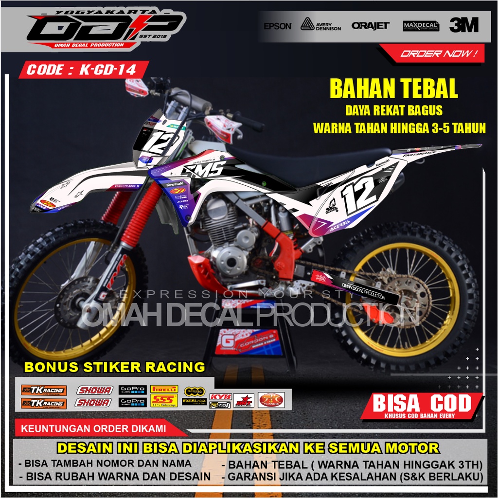 DECAL GORDON FULL BODY AKSESORIS VARIASI STICKER MOTOR KAWASAI KLX GORDONS DEKAL MOTIF SUPERMOTO STI