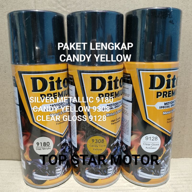 Pilok Paket Lengkap Cat Diton Premium Silver Metallic 9180 Candy Tone Yellow 9308 Clear Gloss 9128 400cc.. Pilok Paketan Candy Tone Yellow Cat Semprot Diton Premium 400cc