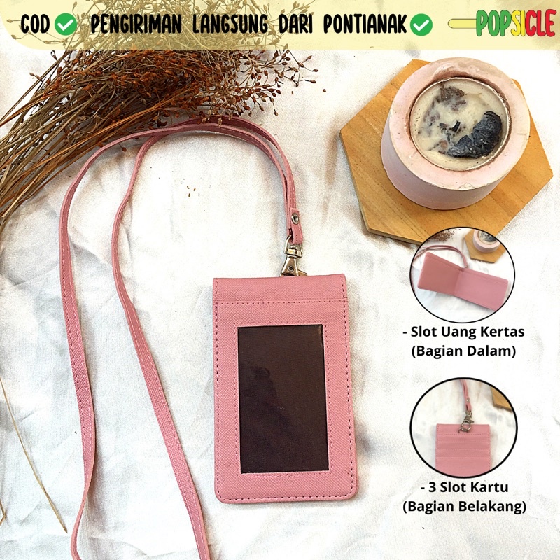 

Lanyard Flashee Kulit Magnet ID Card Holder Magnet Name Tag Dompet Kulit PU Pink Muda