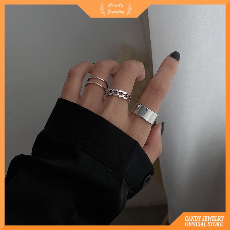 3pcs / set Cincin Rantai Model Terbuka Gaya Retro Hip Hop Untuk Wanita