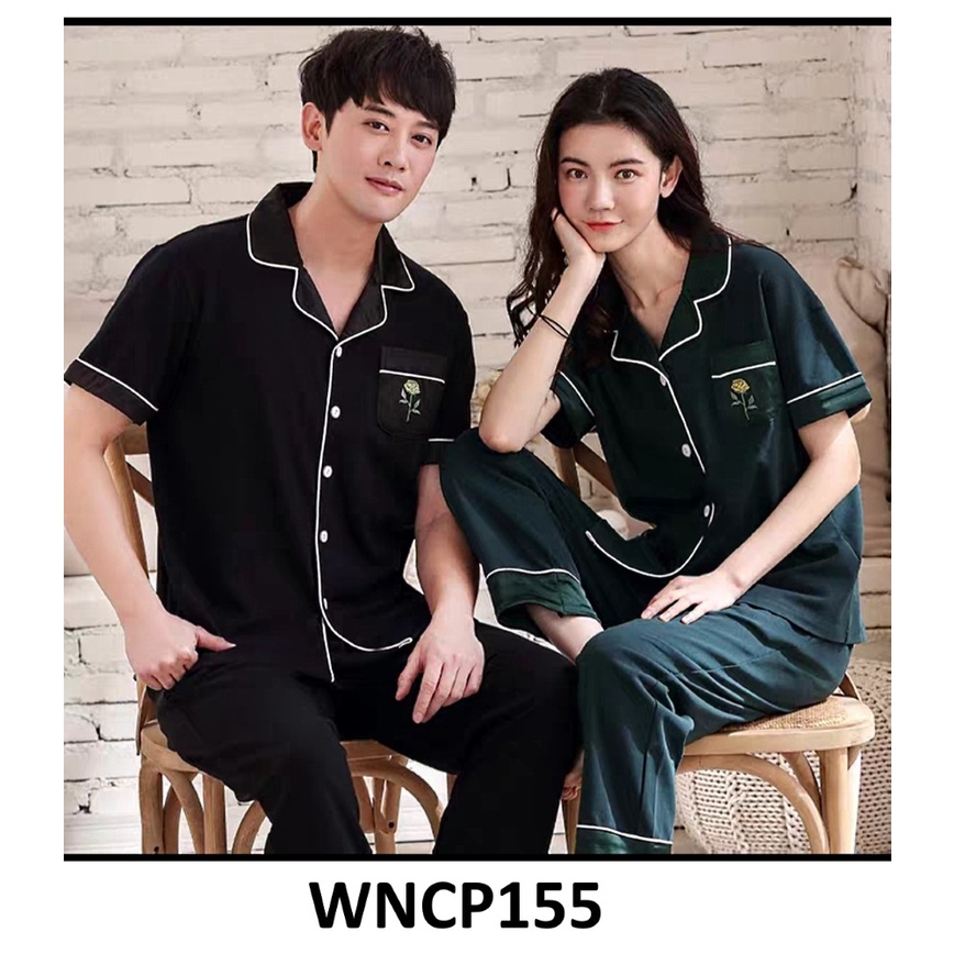 Piyama Couple Baju Tidur Couple Kancing Depan Black