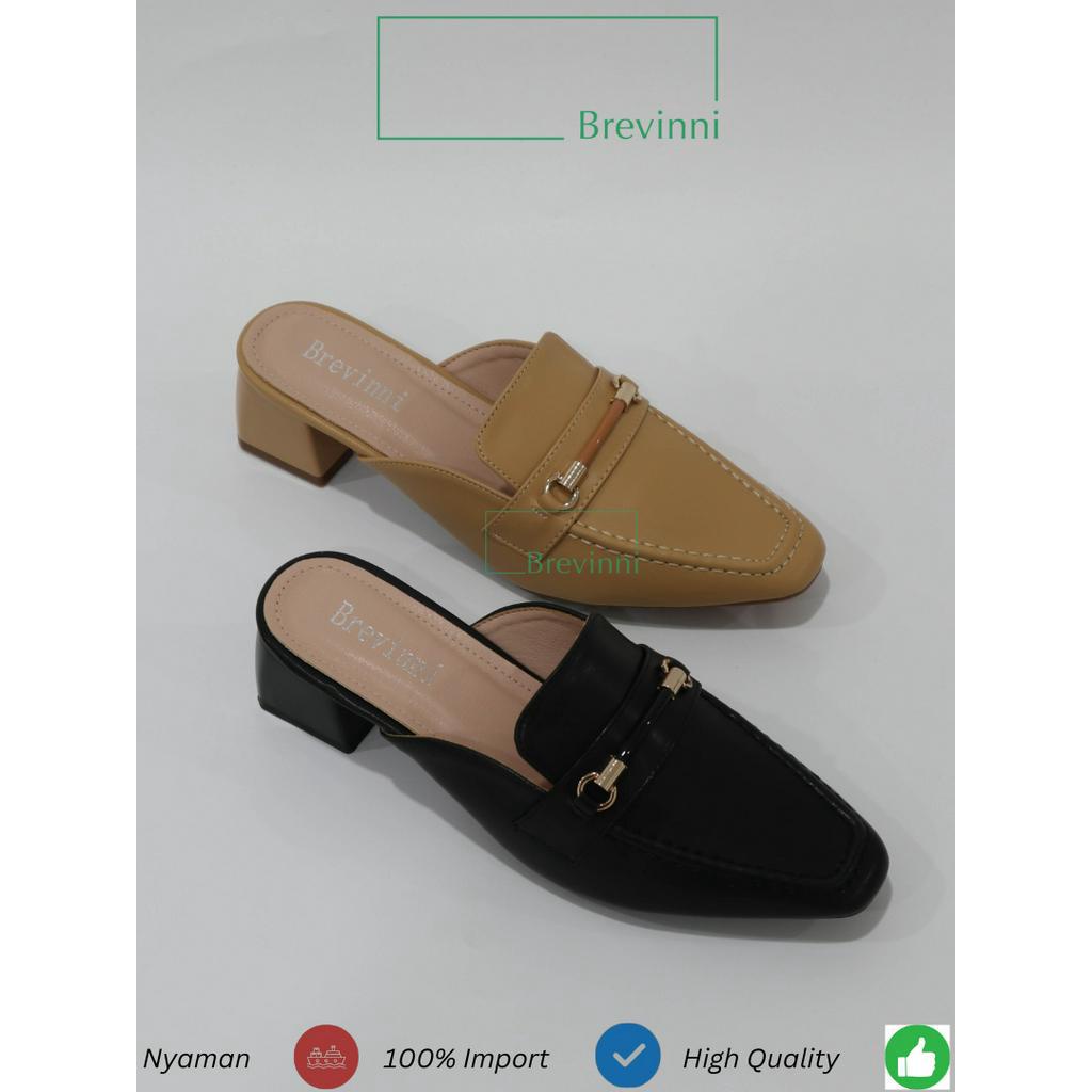 Brevinni Alina Mules Block Heels || Sepatu Mules Wanita 5cm Ujung Persegi Tapak Karet Anti Slip dan 
