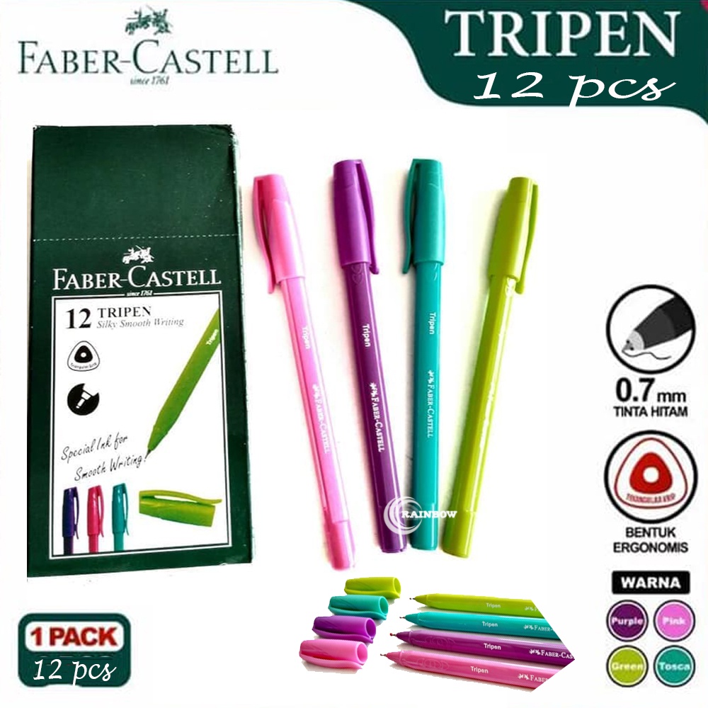 ( 1 Pack Isi 12 Pcs) Pulpen Tripen Faber Castell Ballpoint Bolpen-Hitam -0.7 mm Alat Tulis Pulpen Tripen FaberCastell