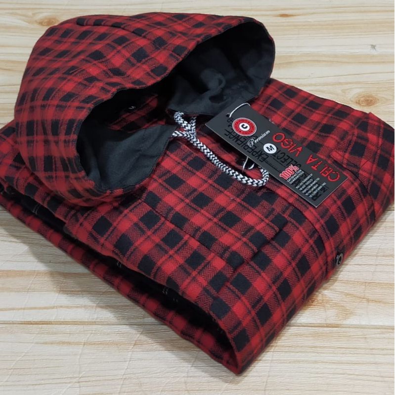 Hem kemeja flanel hoodie lengan panjang