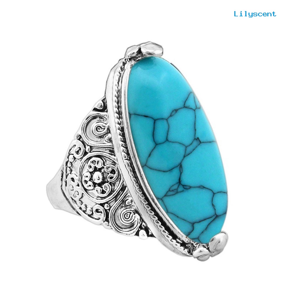 Ls Cincin Lapis Silver Antik Gaya Boho Vintage Dengan Turquoise Oval Untuk Wanita