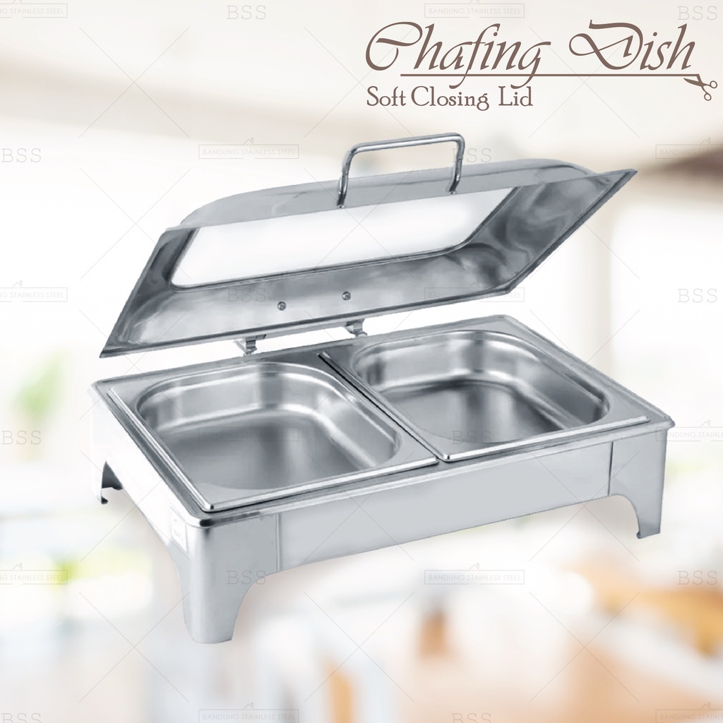 Chafing Dish HIDROLIK Tempat Wadah Makanan Saji Prasmanan Stainless 2 Sekat Kotak Kombinasi Kaca Hydraulic System Soft Closing