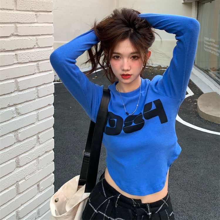 Suhao American top Klein biru huruf T-shirt wanita slim fit kemeja bottoming bagian dalam pendek len